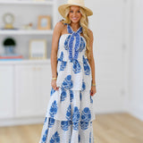 Sicialy Floral Ruffle Tier Maxi Dress  - White/Blue Blockprint
