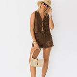 Tilly Embroidered Scalloped Shorts - Brown