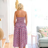 Miley Strapless Smocking Midi Dress - Pink/Blue Block Print