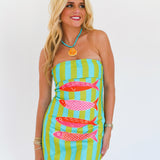 Anabelle Fish Strapless Mini Dress - Lime/Turquoise Stripes