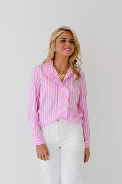 Logan Stripe Ruffled Top - Pink/White