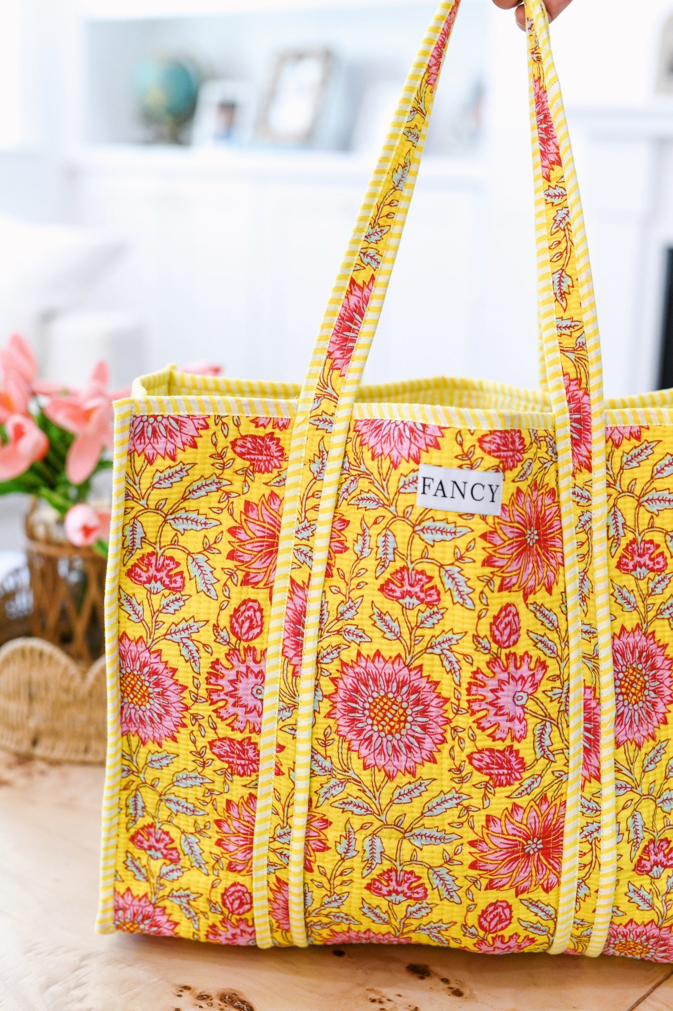 Kaylor Quilted Tote Bag - Yellow/Pink