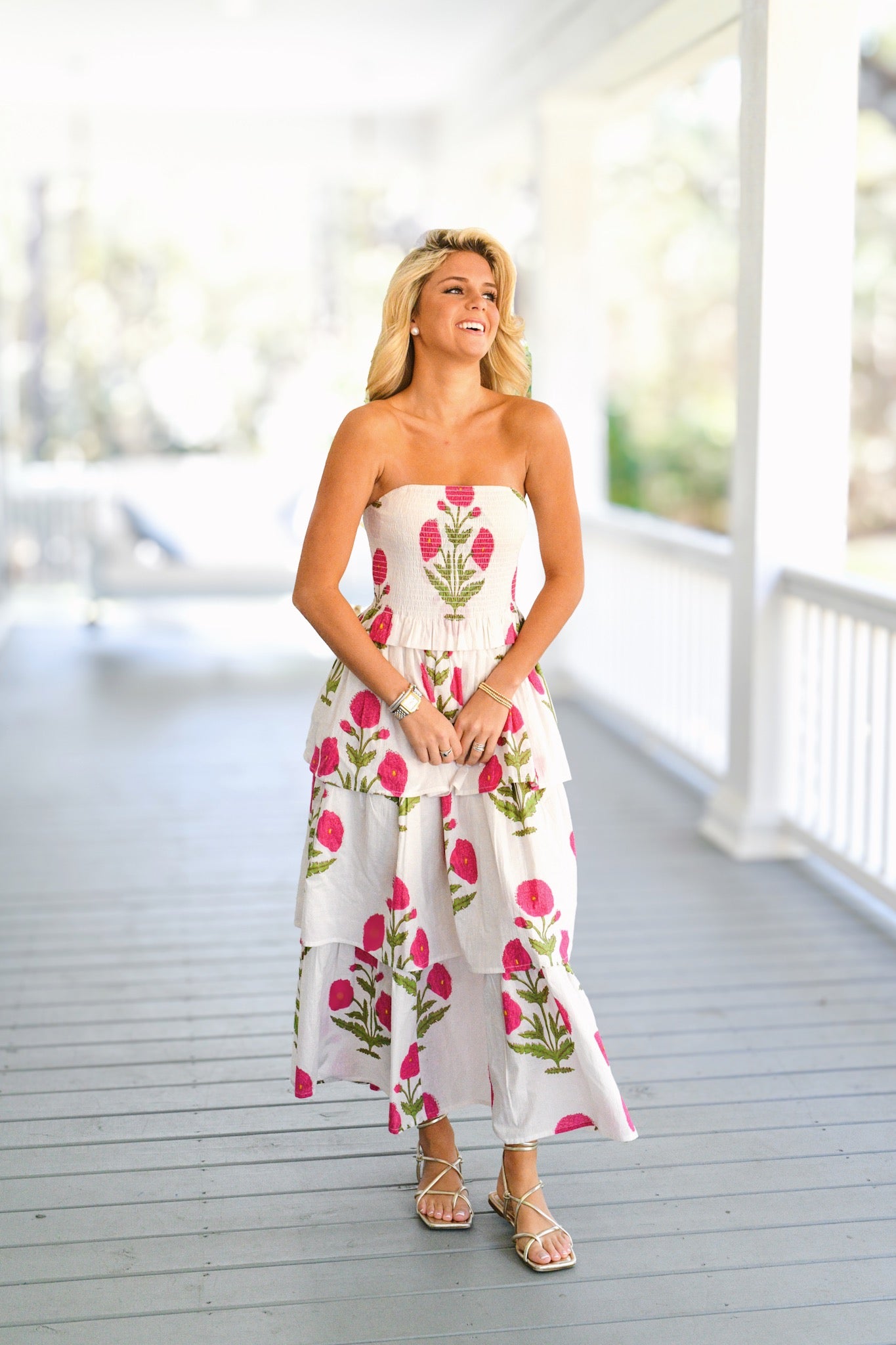 Kaylee Smocked Maxi Dress - White/Pink Floral