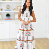 Miley Smocking Tier Maxi Dress - White Block Print