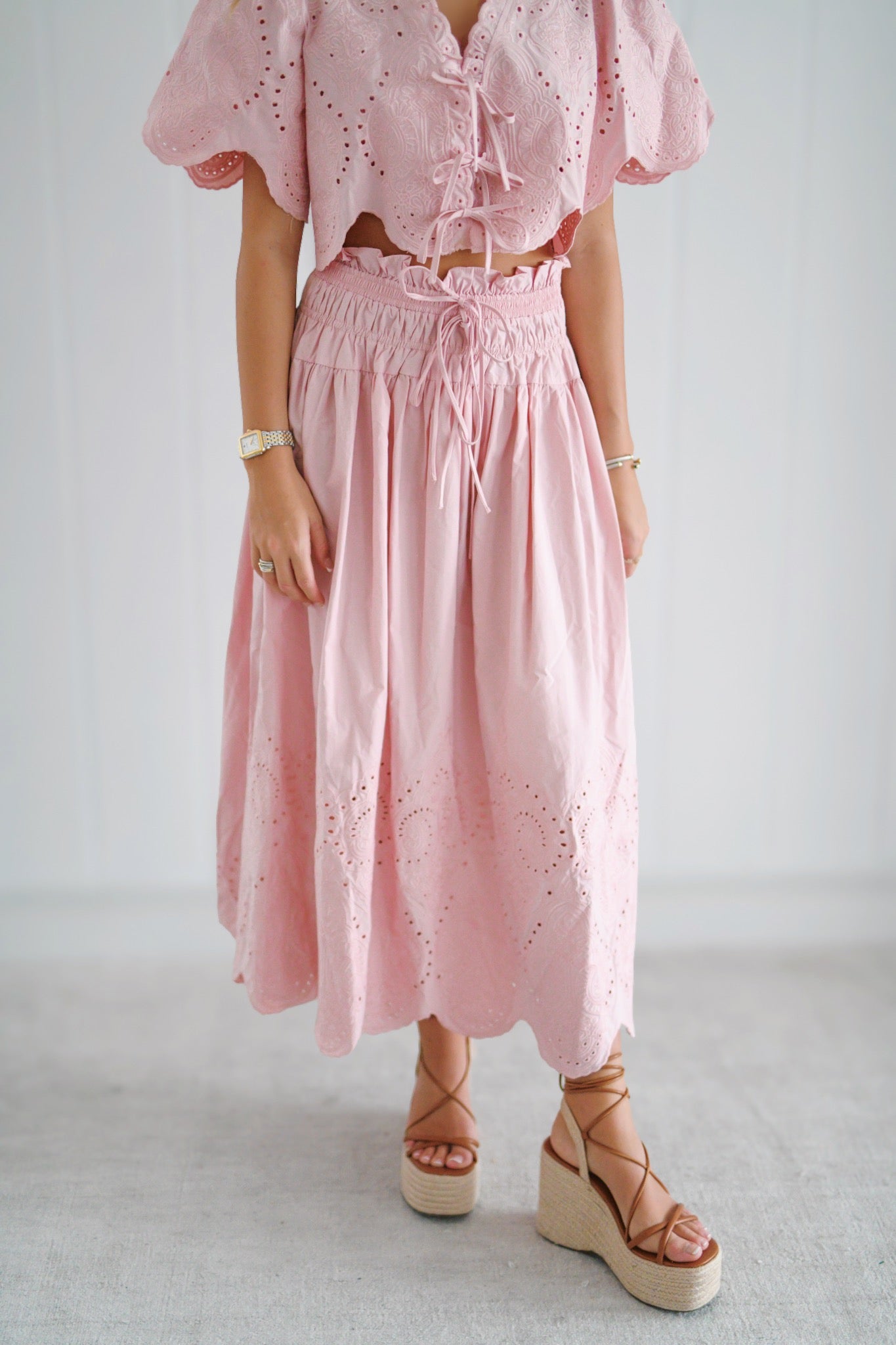 Sadie Eyelet Detail Midi Skirt-Pink