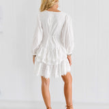 Destiny Cotton Long Puff Sleeve Lace Trim Mini Dress - White