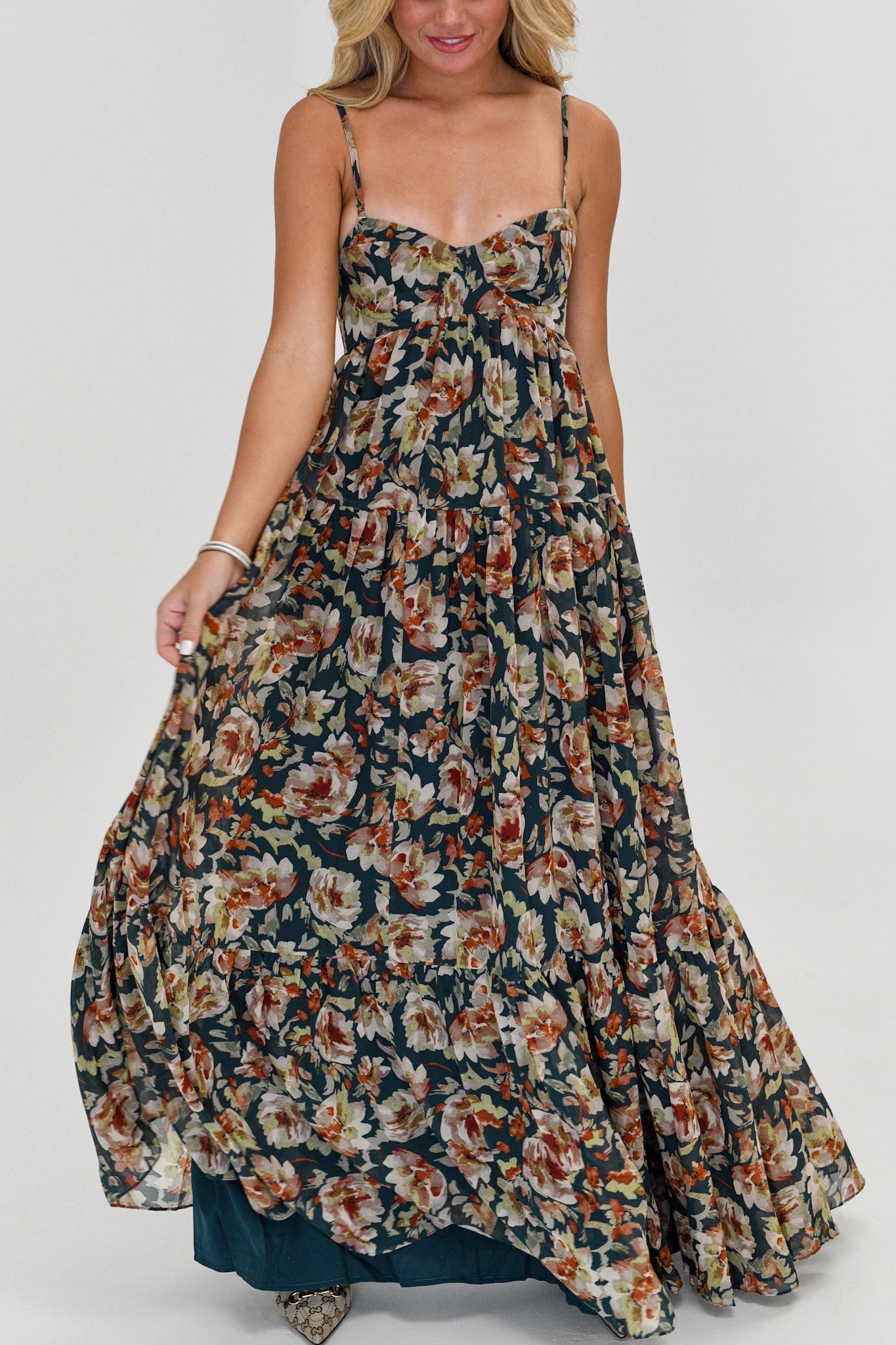 Whitney Silky Maxi Dress -Dark Green Floral