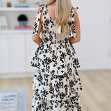 Ellie Printed Tiered Mini Dress-Ivory/Black