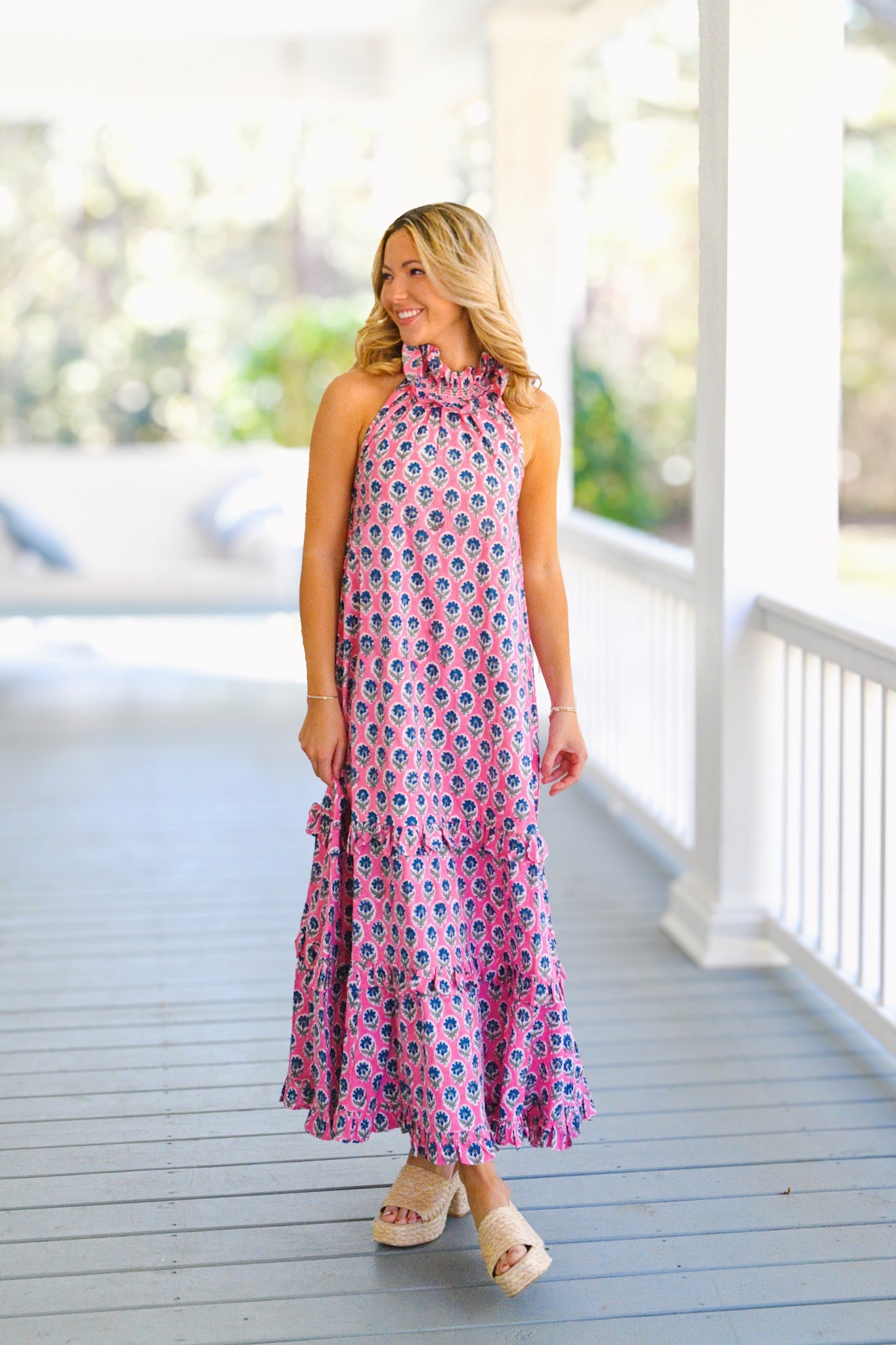 Finley Frill Neck Maxi Dress - Pink/Blue Blockprint