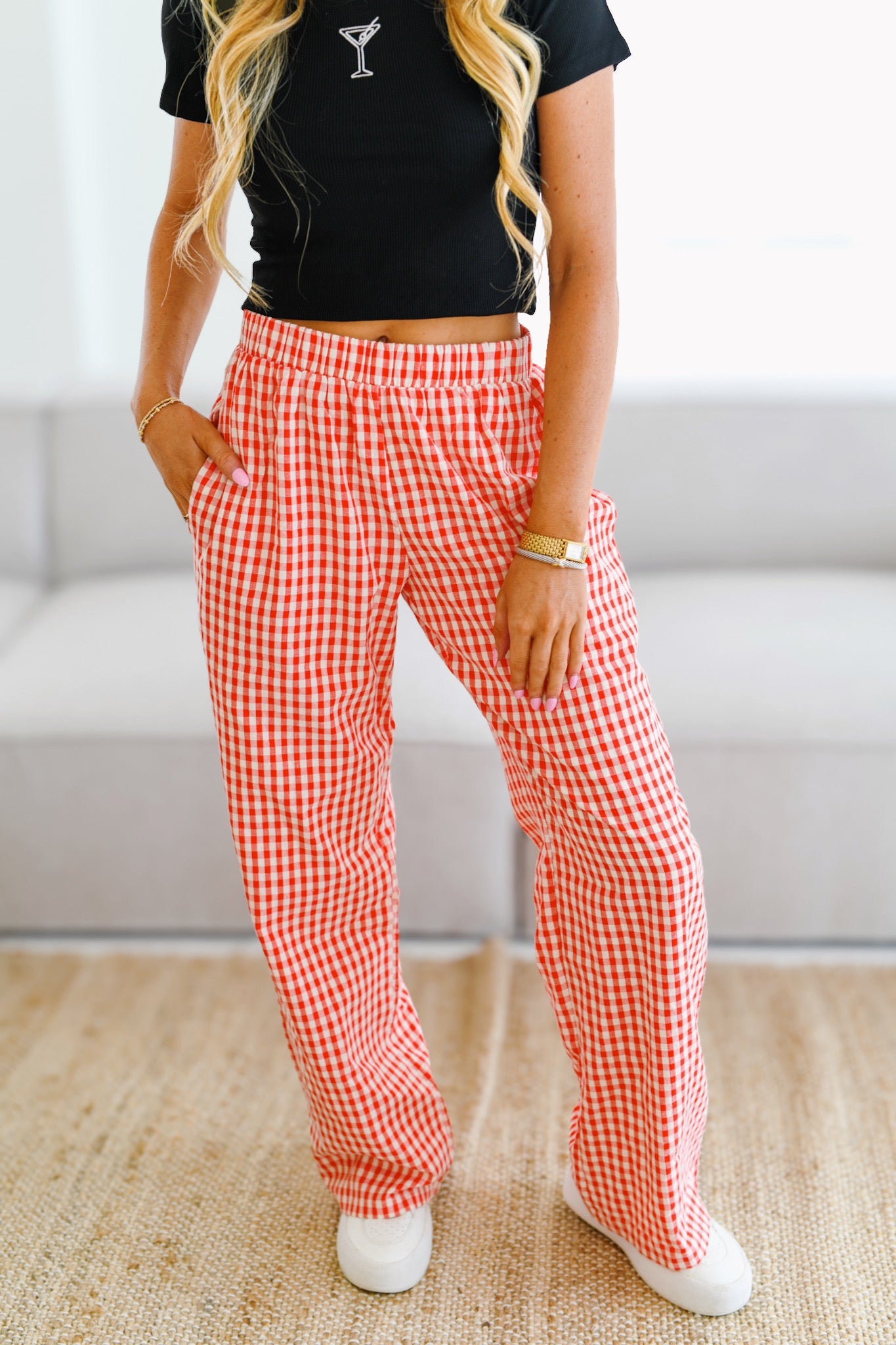 Darcy Gingham Relaxed Pants-Red