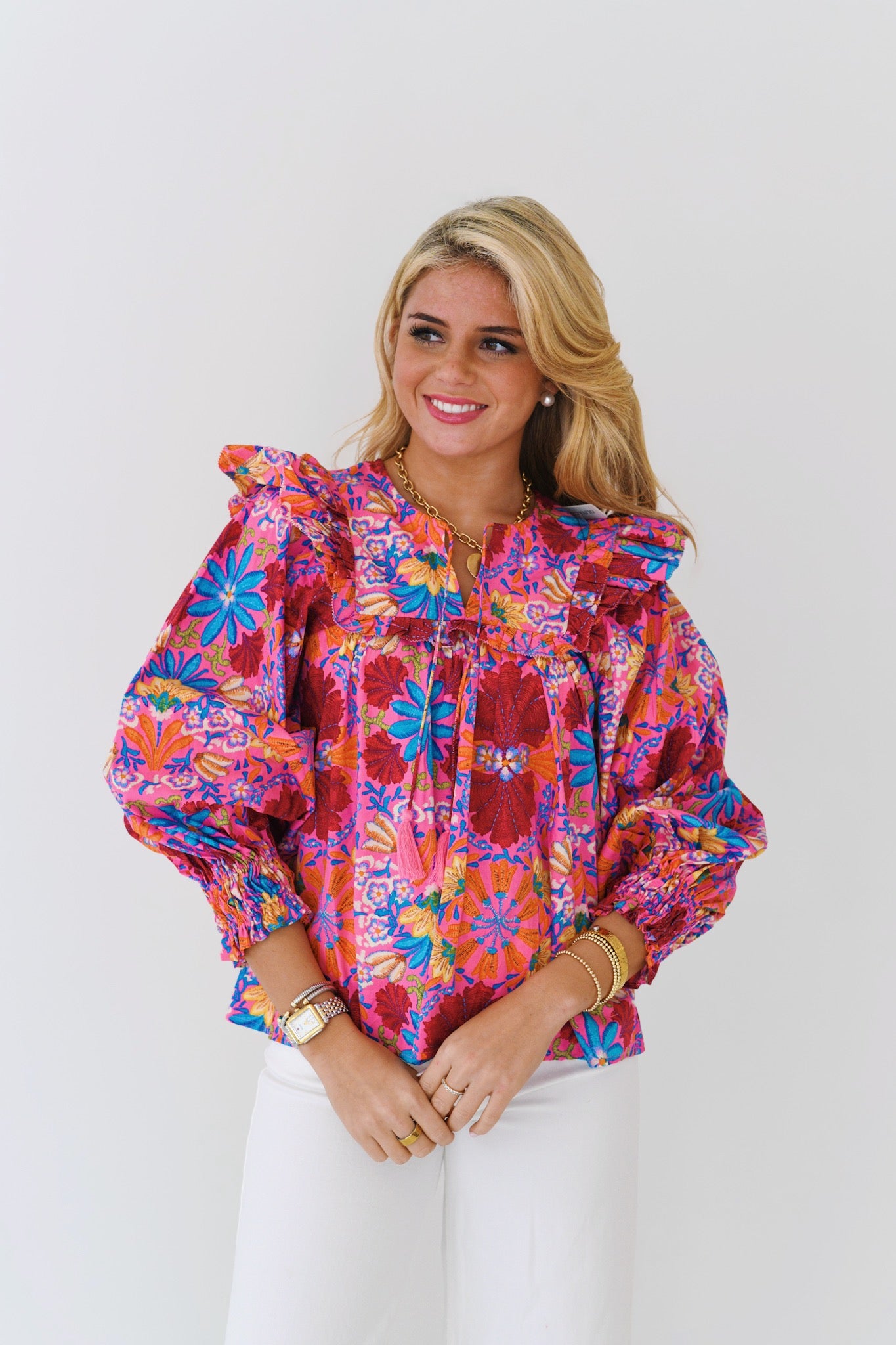 Summer Floral Puff Sleeve Top- Pink Multi