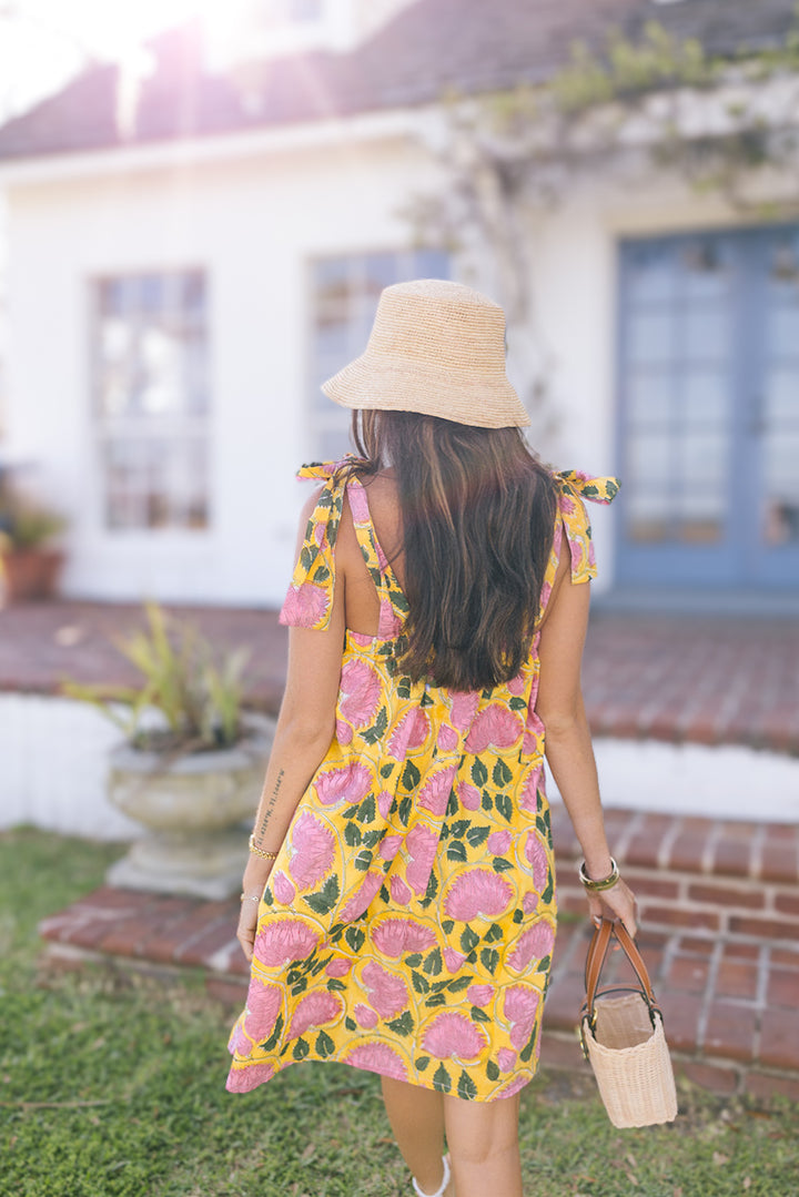 Low Country Summer Mini Tie Dress - Yellow/Pink Flowers