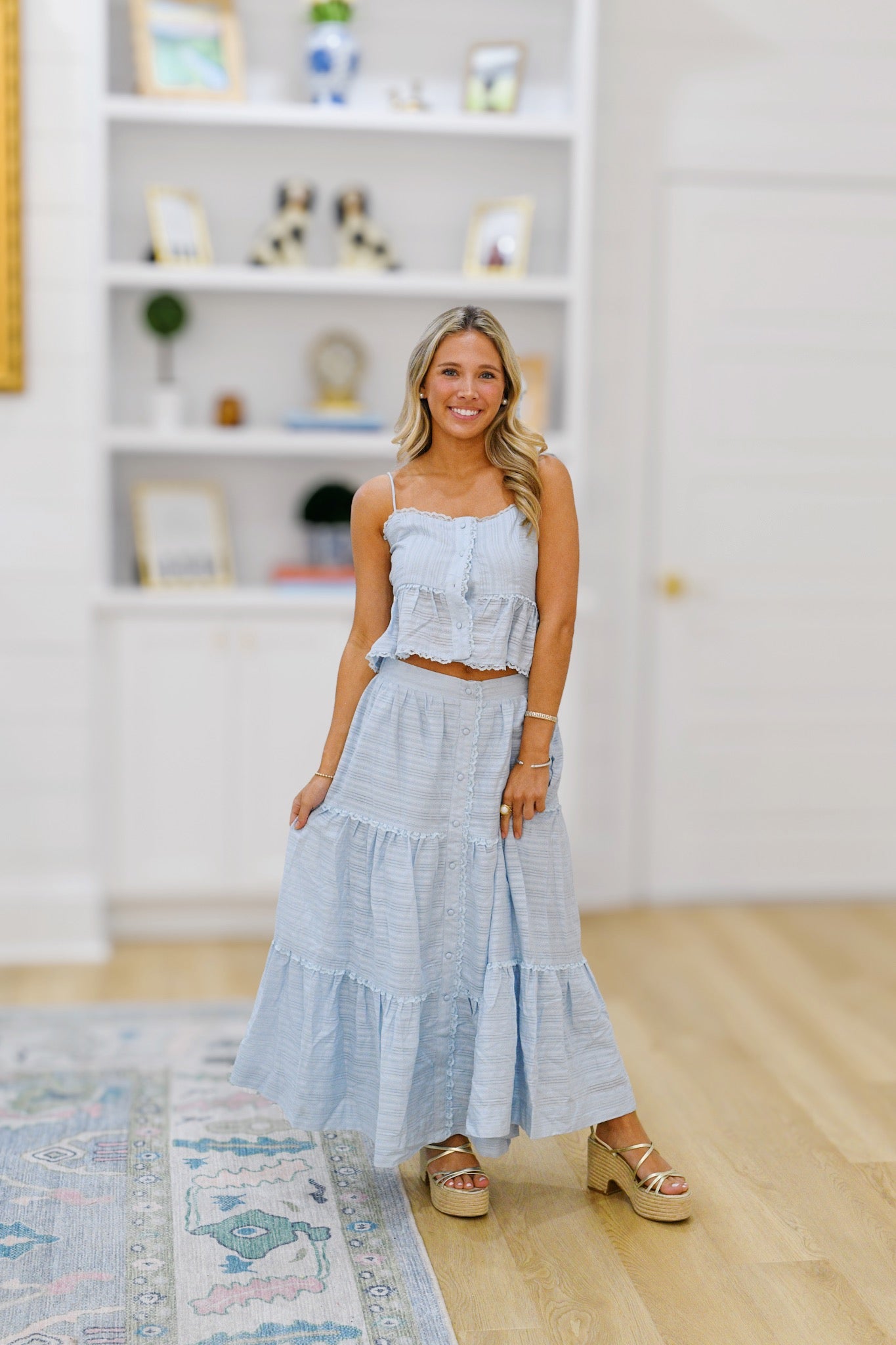 Winnie Lace Trim Top and Midi Skirt Set - Lt Blue