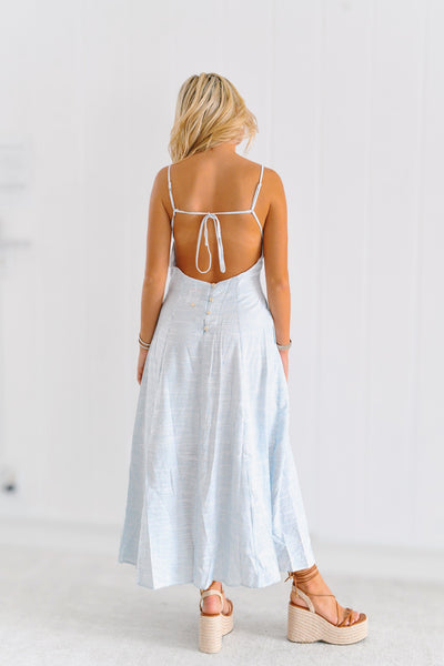 Kasey Pinstripe Linen Maxi Dress - Blue