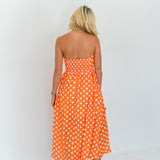 Amaya Strapless Polka Dot Midi Dress - Orange