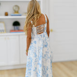 Pearl Floral Back Lace Up bodice Midi Dress- Blue
