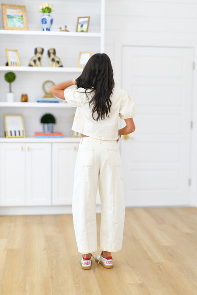 Lib Front Tie Top and Detail Pants Set - Cream