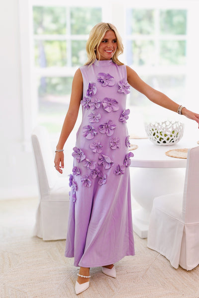 Fanci Floral Applique High Neck Maxi-Lavender