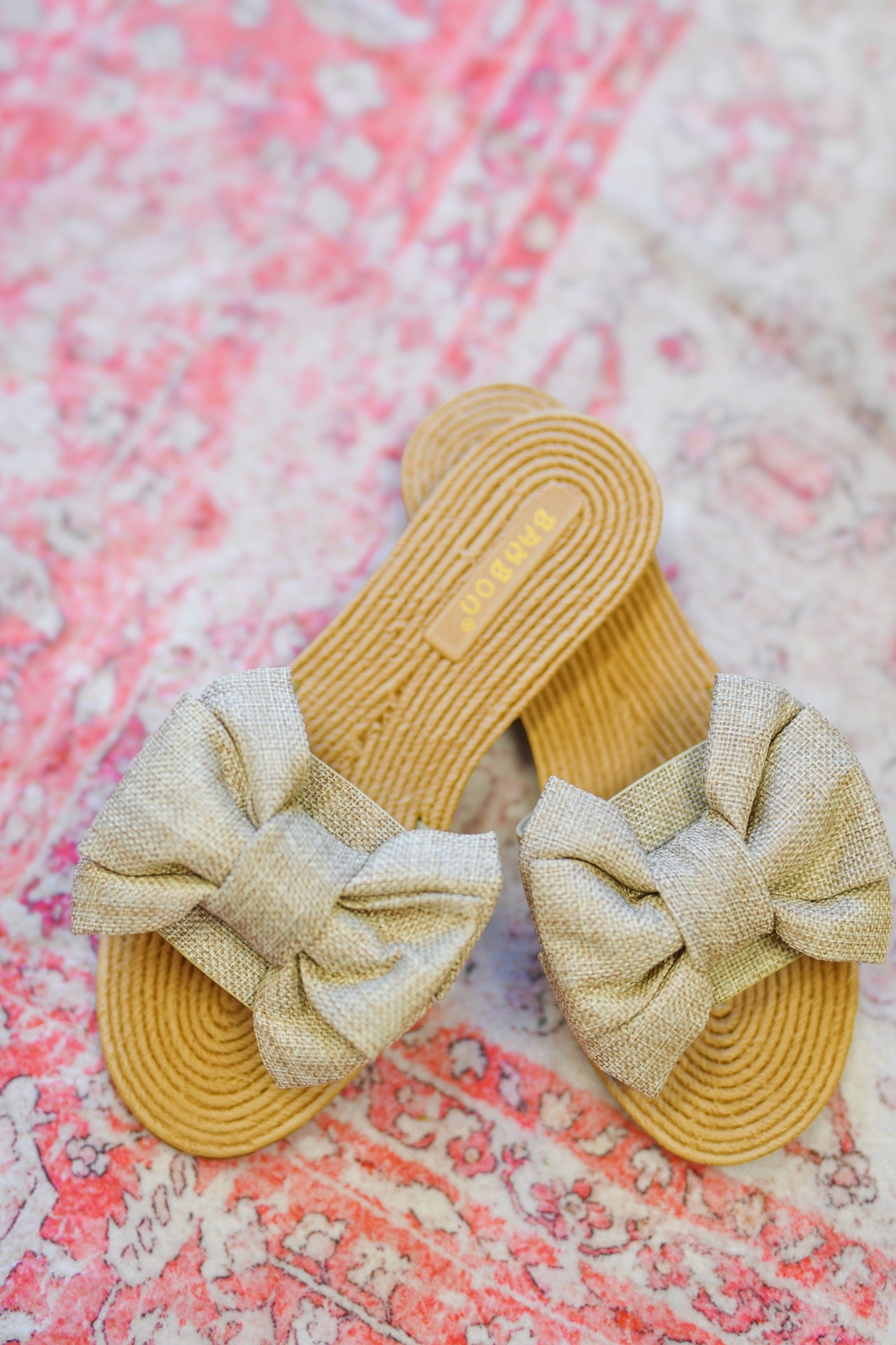 Beige Linen Bow Flat Sandals