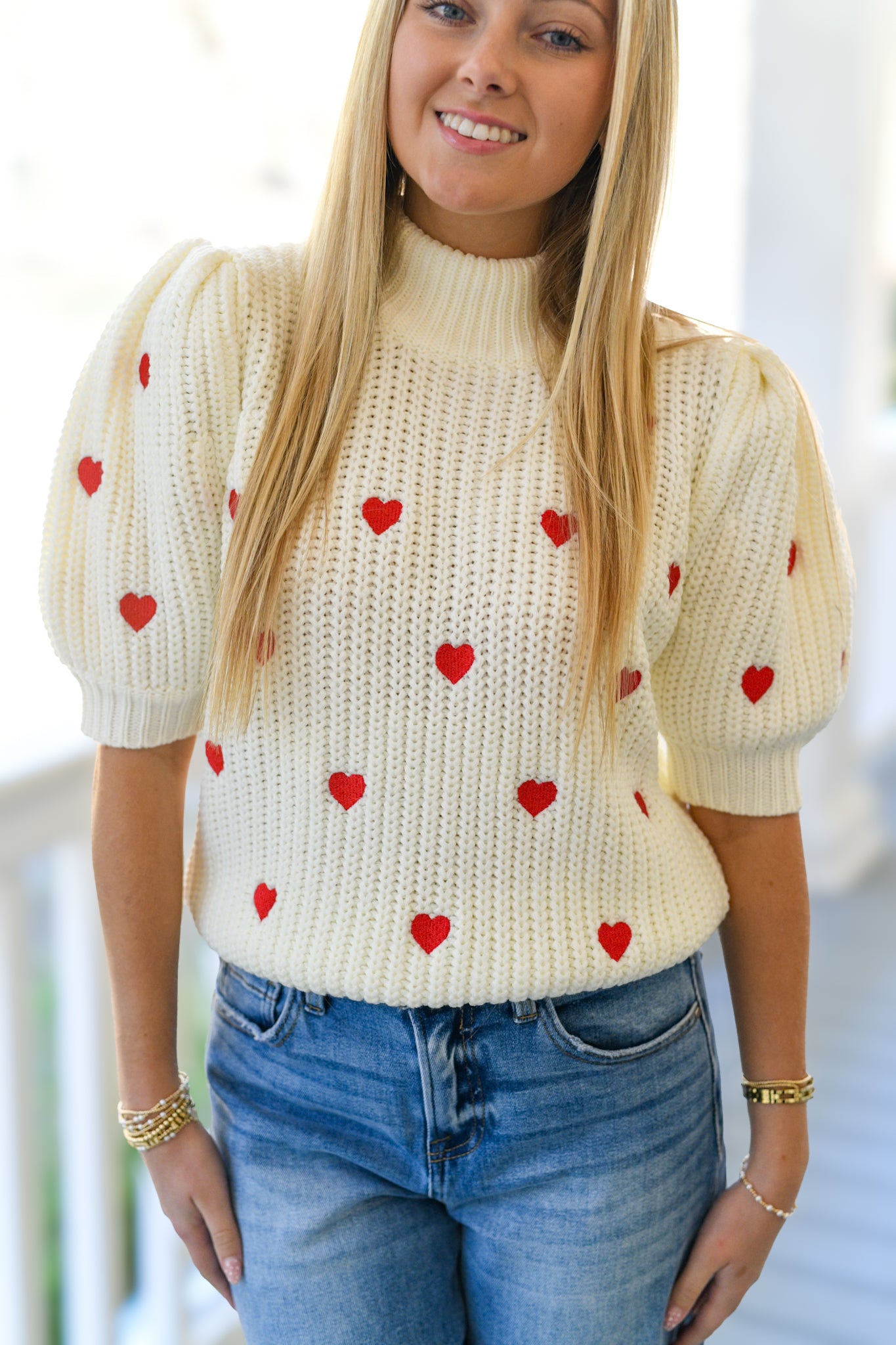 Sylvia Heart Embroidered Sweater - Ivory/Red