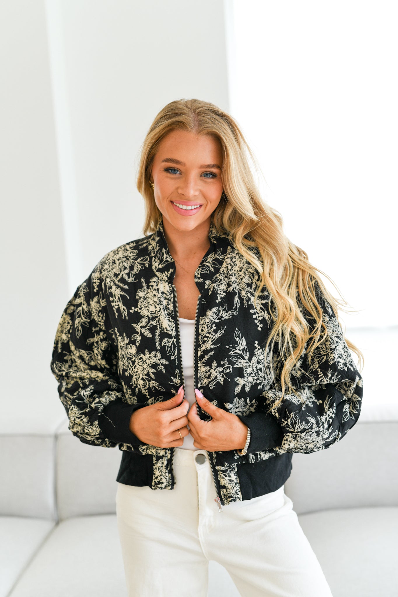 Georgia Floral Printed Bomber Jacket-Black Cream Floral