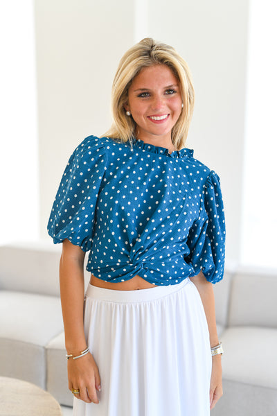 Grace Polka Dot Puff Sleeve Top - Blue