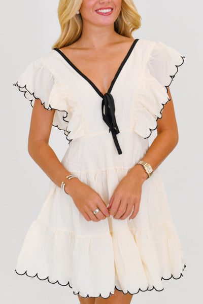 Aniston Bow Detail Scalloped Dress - Cream