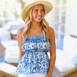 European Summer Strapless Ruffle Top - Blue/White