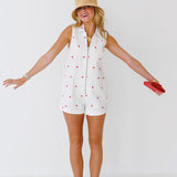 Amber Heart Embroidered Denim Romper - White/Red
