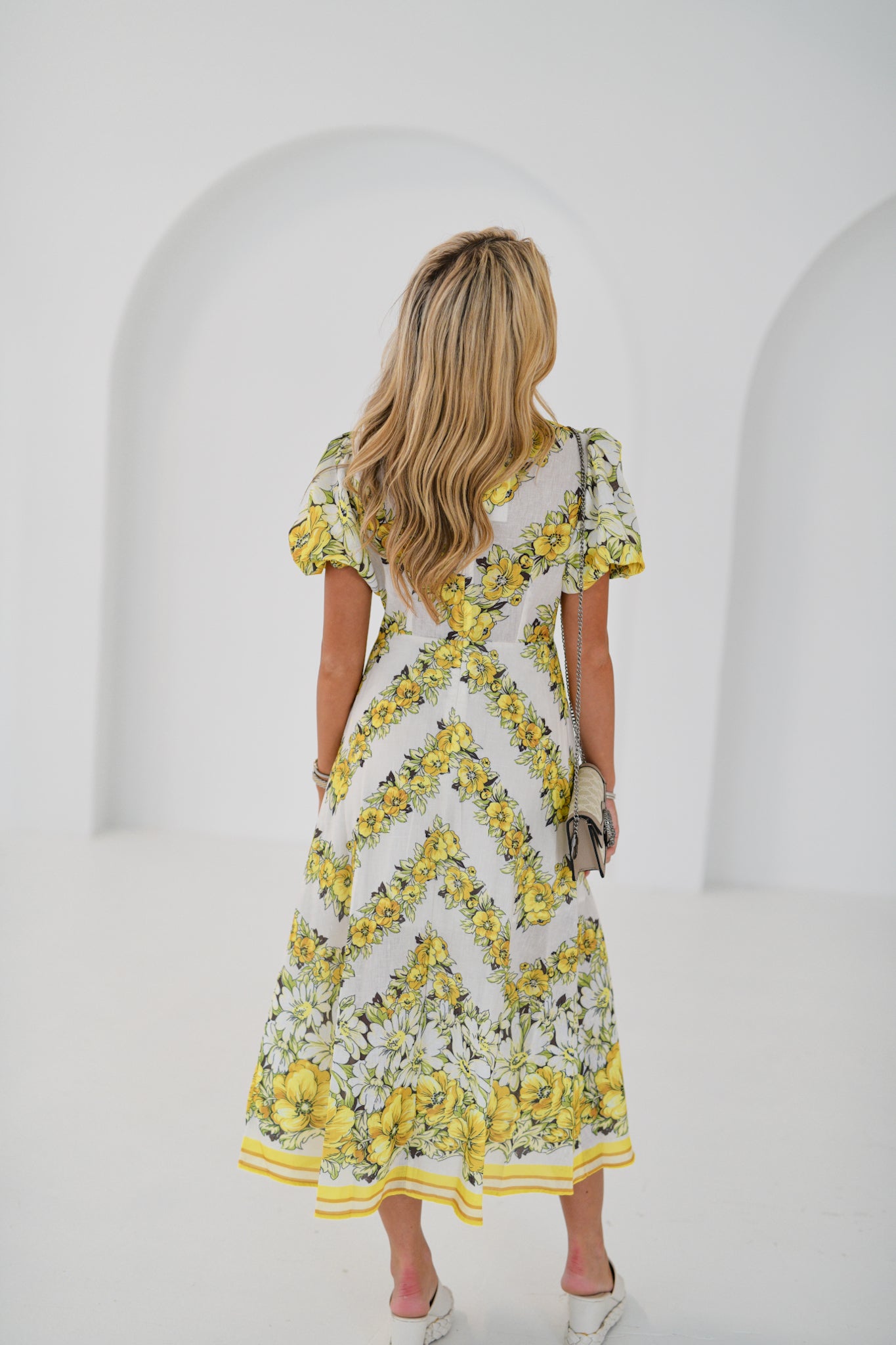 Lindsey Floral Puff Sleeve Midi Dress - Yellow/White