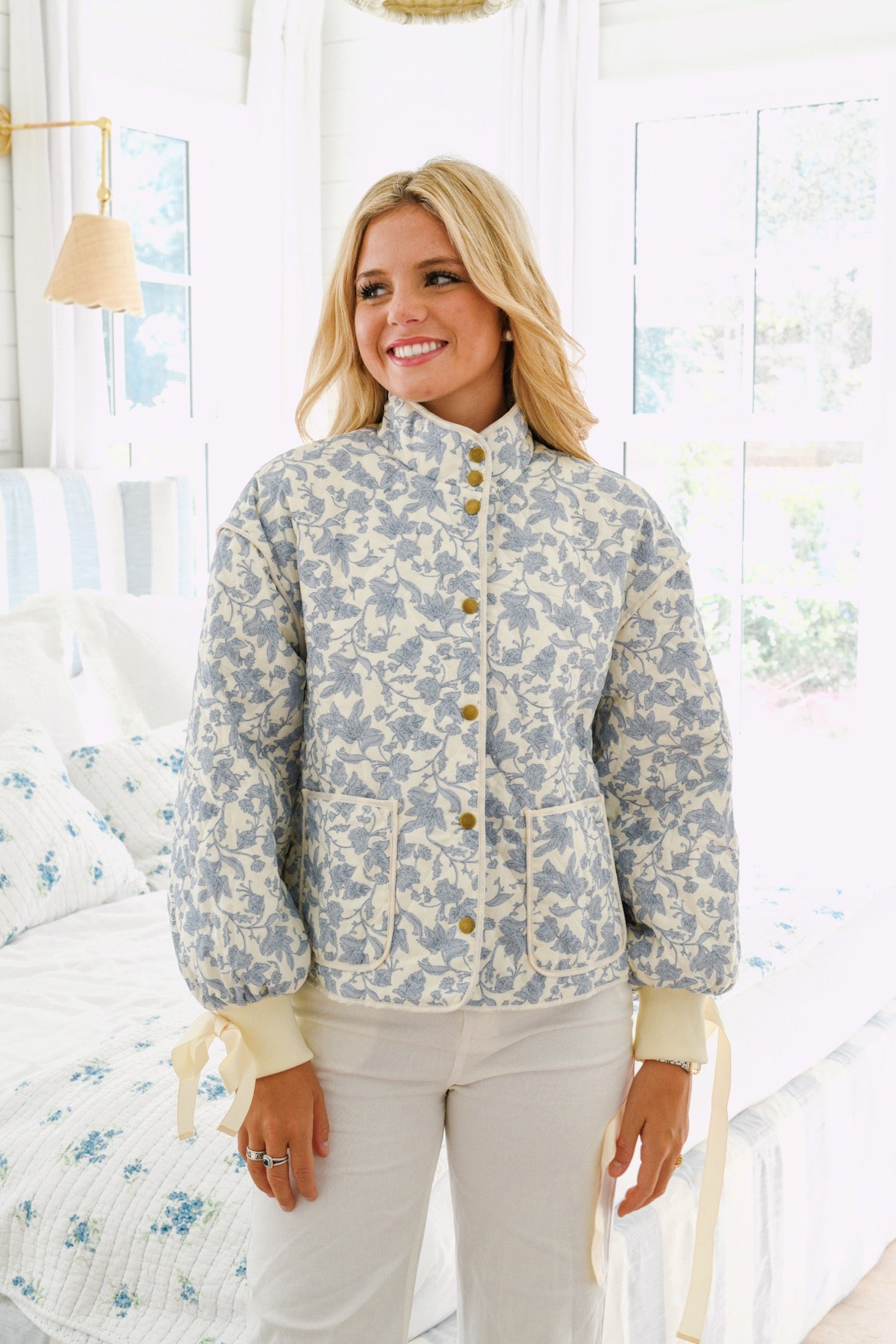 Kaylyn Quilted Jacket - Ivory Blue Floral