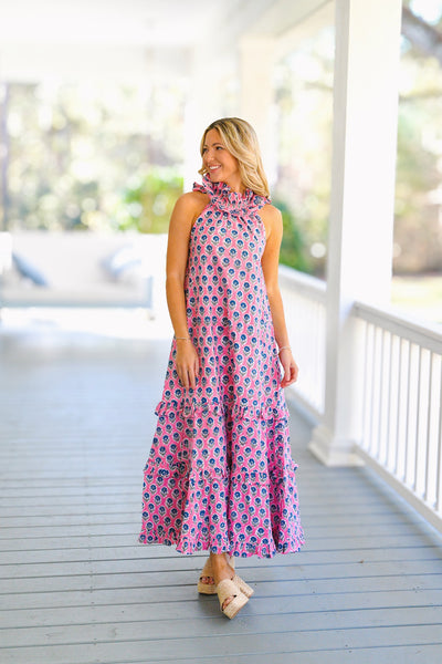 Finley Frill Neck Maxi Dress - Pink/Blue Blockprint