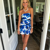 Amy Floral Printed Bubble Hem Tube Mini Dress - White/Blue