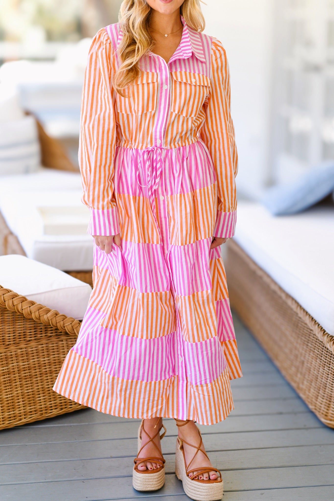 Sarah Striped Tie Midi Dress - Pink/Orange