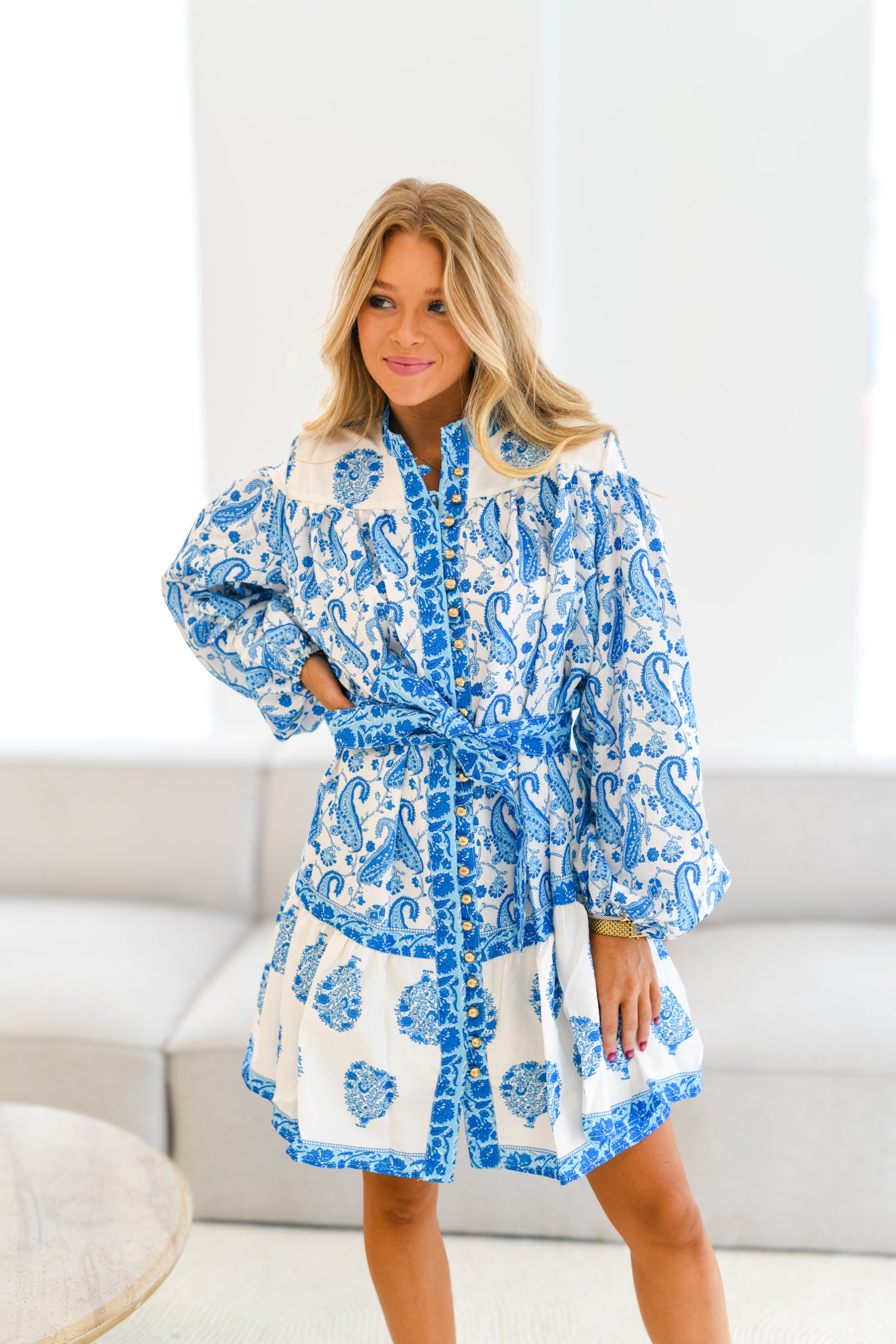 Miller Patterned Long Sleeve Belted Dress-Blue