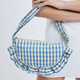 Gingham Ruffle Shoulder Bag: Blue