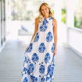 Kenni Frill Neck Maxi Dress - White/Blue Block