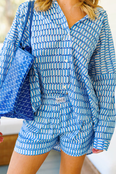 Savy Button Down Top -  Blue Textile