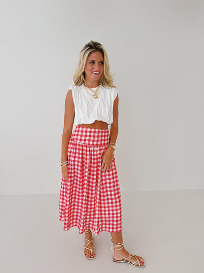 Sara Gingham Midi Skirt-Red