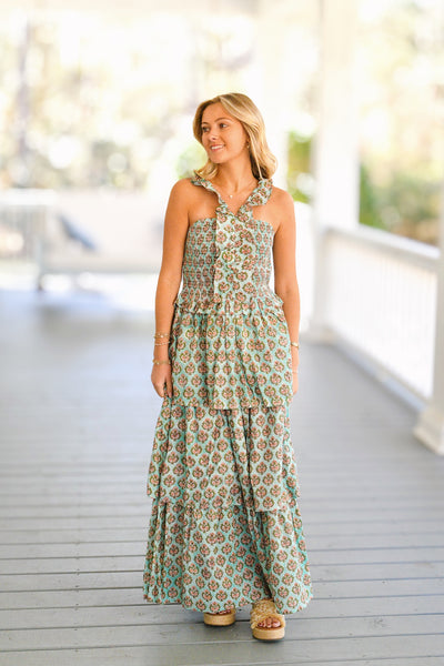 Sylvia Ruffled Maxi Dress - Teal Floral