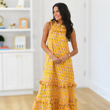 Penelope Frill Neck Maxi Dress - Yellow BlockPrint