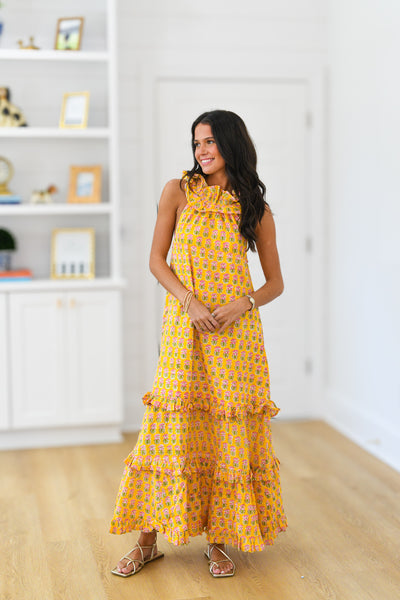 Penelope Frill Neck Maxi Dress - Yellow BlockPrint
