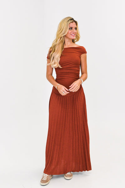 Harlie One-Shoulder Ruched Maxi Dress-Spice Brown