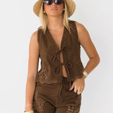 Tilly Embroidered Scalloped Shorts - Brown