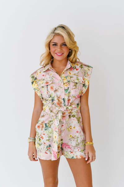 Erin Floral Button Down Romper - Powder Pink Flower