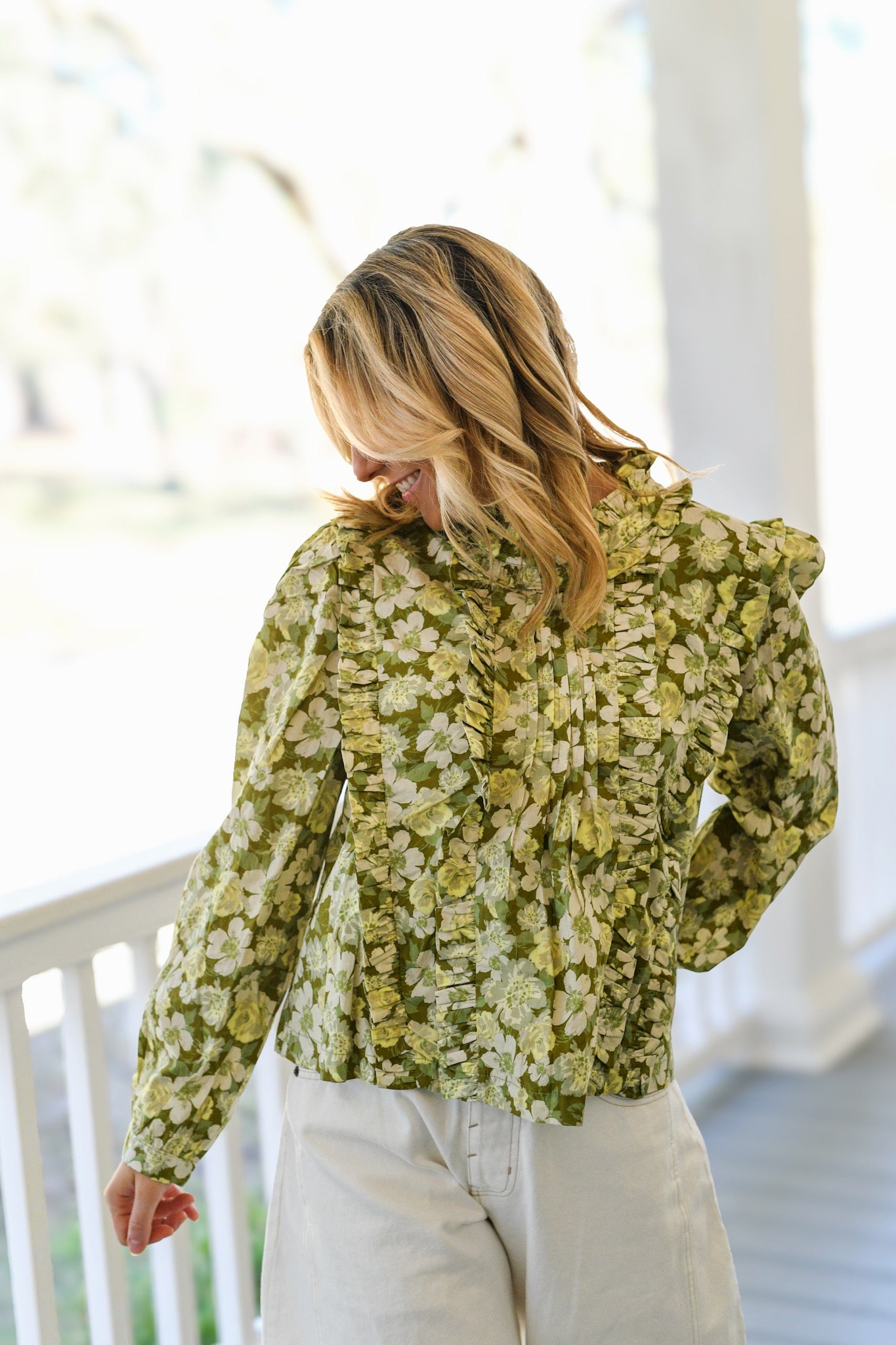 Maureen Pintuck Ruffle Top - Olive Floral