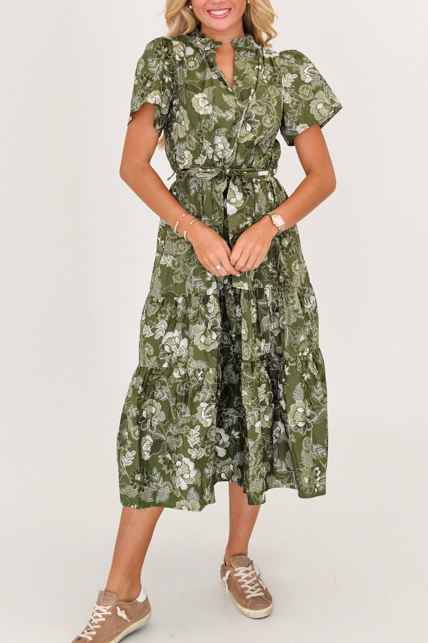 Ellie Floral Poplin Tiered Midi Dress - Cream/Olive