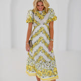 Lindsey Floral Puff Sleeve Midi Dress - Yellow/White