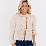 Marlena Tie Front Blouse - Beige/Brown Striped