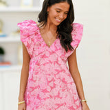 Natalie Jacquard Ruffle Sleeve Mini Dress -Pink